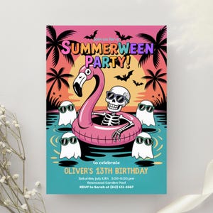 May include: A party invitation with a summer theme. The design features a skeleton in sunglasses floating in a pink flamingo pool float, surrounded by ghosts. The text reads "SUMMERWEEN PARTY!" and "OLIVER'S 13TH BIRTHDAY". Palm trees and bats are also included.