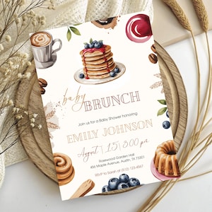 Baby Brunch-Einladungsvorlage, bearbeitbare Babyparty einladen Frühstück Pfannkuchen & Kaffee, neutrales Brunch-Thema, Canva Sofort-Download