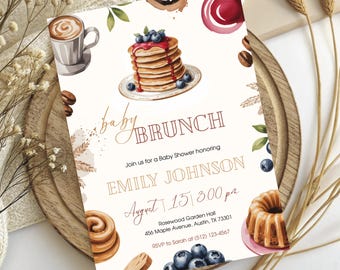 Baby Brunch Invitation Template, Editable Baby Shower Invite Breakfast Pancakes & Coffee, Neutral Brunch Theme, Canva Instant Download
