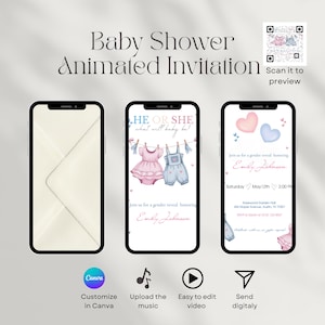 Invitation vidéo modifiable de vêtements de bébé roses ou bleus, révélateur de sexe, modèle numérique animé avec musique, invitation de révélation de sexe de corde à linge