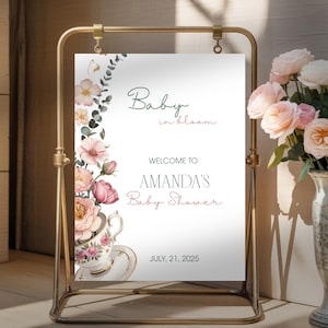 Editable Tea Party Baby Shower Welcome Sign Baby in Bloom Poster Spring Flowers Baby Shower Theme Floral Pink Baby Digital Canva Template