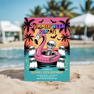 May include: A party invitation with a tropical theme. The invitation features a skeleton wearing sunglasses floating in a pink flamingo pool float. The text reads "SUMMERWEEN PARTY!" and details for Oliver's 13th birthday.