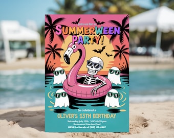 Editable Summerween Pool Party Invite, Hot Ghoul Summer Party, 13th Birthday Invitations, Summerween Birthday Invitations, Spooky Halloween