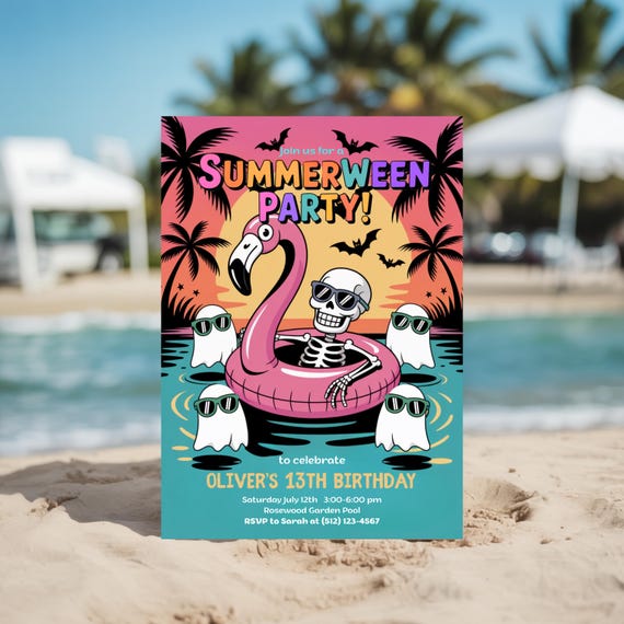 Editable Summerween Pool Party Invite, Hot Ghoul Summer Party, 13th Birthday Invitations, Summerween Birthday Invitations, Spooky Halloween