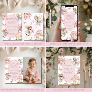 May include: Pink and gold fairy-themed birthday party invitations and welcome sign. The invitations feature a fairy illustration, butterflies, and floral accents. The welcome sign is displayed on a wooden easel.
