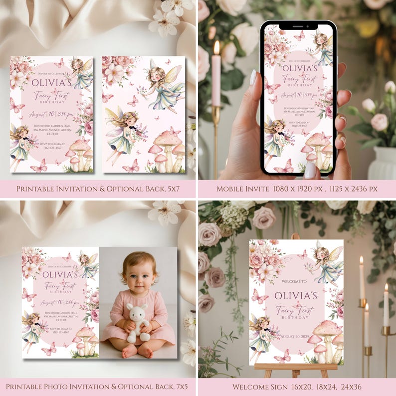 May include: Pink and gold fairy-themed birthday party invitations and welcome sign. The invitations feature a fairy illustration, butterflies, and floral accents. The welcome sign is displayed on a wooden easel.