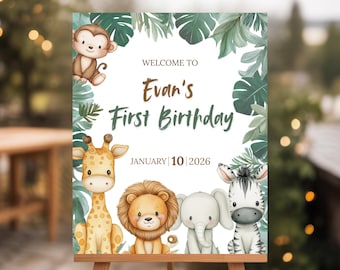 Wild One Birthday Welcome Sign, Safari First Birthday Poster, 1st Birthday Digital Decor, Jungle Animals First Birthday Party Template