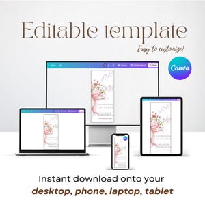 May include: A digital template for a baby shower invitation, displayed on a laptop, desktop monitor, tablet, and smartphone. The invitation features a pink bow and floral design. Text includes "Editable template" and "Easy to customize!"