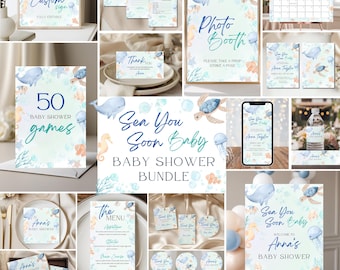 Sea You Soon Baby Shower Invitation Bundle, Under the Sea Party Set, Ocean Decor Package BS6