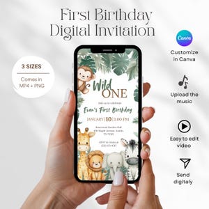 Könnte beinhalten: Digitale Einladung zum ersten Geburtstag mit Dschungel-Thema, mit Affe, Giraffe, Löwe, Elefant und Zebra. Die Einladung enthält den Text "Wild One" und Veranstaltungsdetails. Anpassbar in Canva und in MP4- und PNG-Formaten.