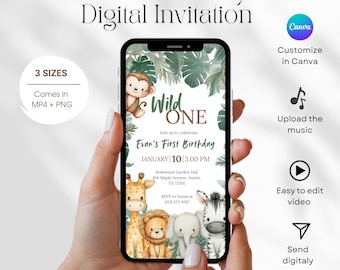 Animated Safari First Birthday Invitation, Editable Video Wild One Birthday, Jungle Animals 1st Birthday Digital Party Invite