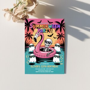 May include: A party invitation with a vibrant design. The invitation features a skeleton in sunglasses floating in a pink flamingo pool float, surrounded by ghosts. The text reads "SUMMERWEEN PARTY!" and details for Oliver's 13th birthday.