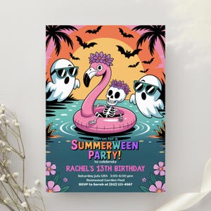 May include: A vibrant party invitation with a summer theme. It features a skeleton in a flamingo float, ghosts, bats, and the text "SUMMERWEEN PARTY!" to celebrate Rachel's 13th birthday.
