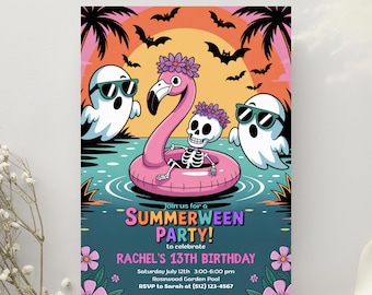 Summerween Party Invite, Hot Ghoul Summer Pool Party, 13th Birthday Invitations, Summerween Birthday Invitations, Spooky Halloween  Birthday