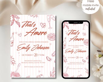 Editable Bridal Shower Invitation, Whimsical Hand Drawn Italian Theme Engagement Party Invite, That's Amore Printable Evite