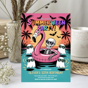 May include: A colorful invitation for a Summerween party, featuring a skeleton in sunglasses floating in a pink flamingo pool float. The design includes ghosts, bats, palm trees, and the text "SUMMERWEEN PARTY!" and details for Oliver's 13th birthday.