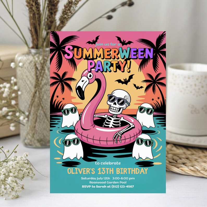 May include: A colorful invitation for a Summerween party, featuring a skeleton in sunglasses floating in a pink flamingo pool float. The design includes ghosts, bats, palm trees, and the text "SUMMERWEEN PARTY!" and details for Oliver's 13th birthday.