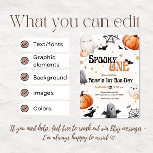 May include: A Halloween party invitation featuring the text "SPOOKY ONE" and "ADAM'S 1ST BOO-DAY". The design incorporates illustrations of pumpkins, ghosts, bats, and spiderwebs. The invitation also includes the date, time, and venue details.