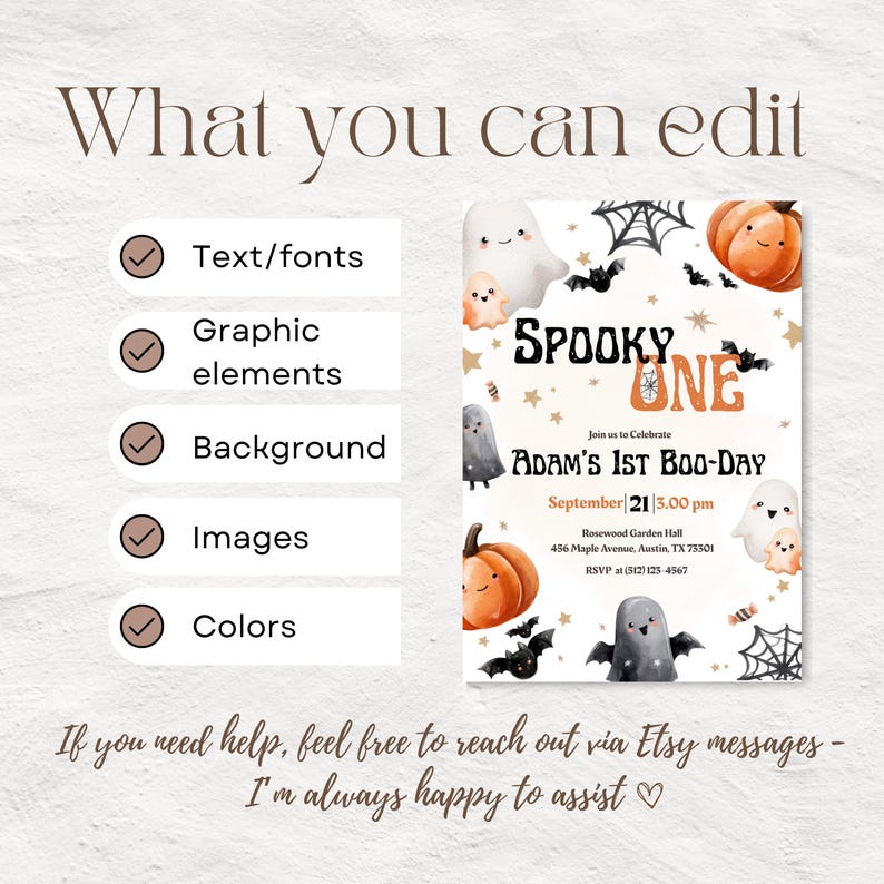 May include: A Halloween party invitation featuring the text "SPOOKY ONE" and "ADAM'S 1ST BOO-DAY". The design incorporates illustrations of pumpkins, ghosts, bats, and spiderwebs. The invitation also includes the date, time, and venue details.