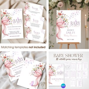 May include: Baby shower invitations and signage with floral and bow designs. The invitations include event details and the words "Baby in bloom." Additional cards include "Thank you," "Books for baby," and "Diaper raffle."