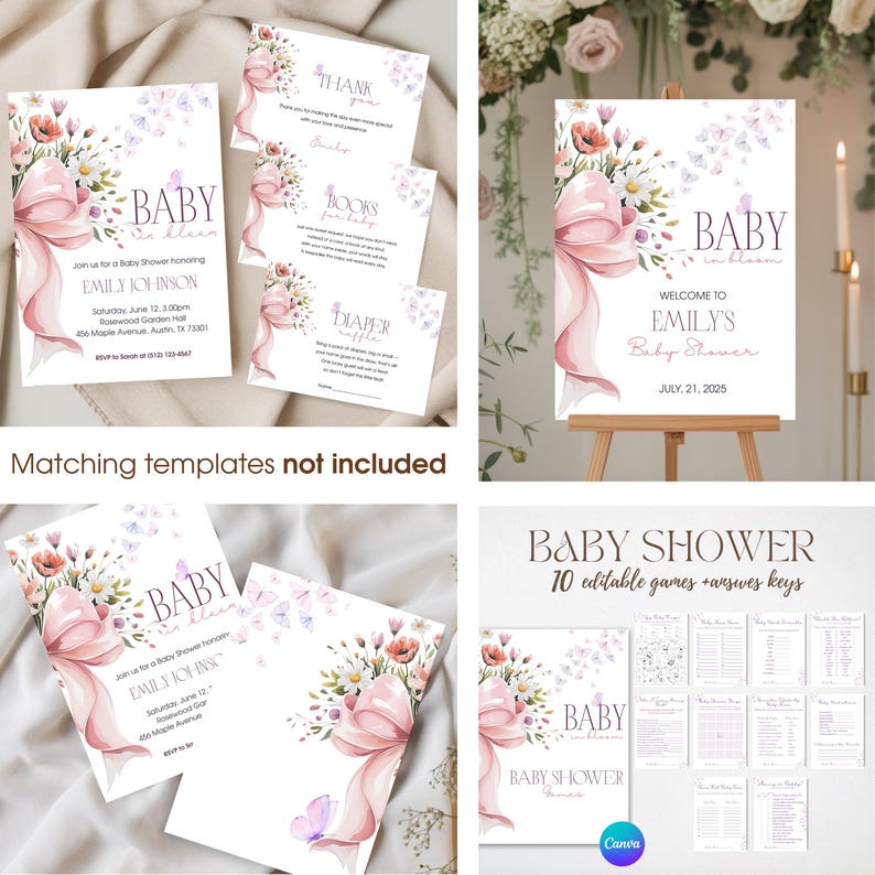 May include: Baby shower invitations and signage with floral and bow designs. The invitations include event details and the words "Baby in bloom." Additional cards include "Thank you," "Books for baby," and "Diaper raffle."