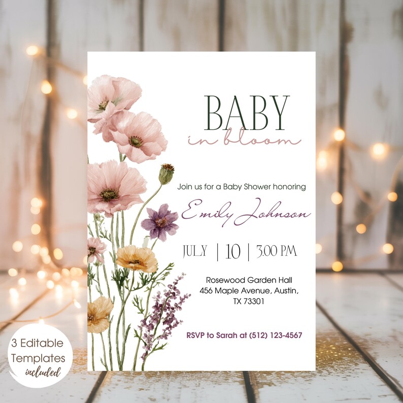 May include: Baby shower invitation with watercolor floral design. The invitation features the text "BABY in bloom" and details for the event, including the date, time, and location. The invitation includes the text "3 Editable Templates included".