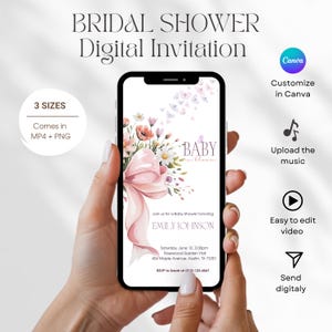 May include: Digital bridal shower invitation on a smartphone. The invitation features floral and butterfly graphics, with text including "BABY in bloom" and event details. Additional icons indicate customization, music upload, video editing, and digital sending.