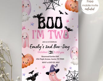 Boo I'm Two Birthday Spooky Invite, Editable Pink Halloween Ghost Girl 2nd Birthday Invitation, Two Spooky Birthday Invitation