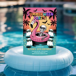 May include: A party invitation featuring a skeleton in sunglasses floating on a pink flamingo pool float. The invitation reads "SUMMERWEEN PARTY!" with bats and palm trees. The text also includes "OLIVER'S 13TH BIRTHDAY" and event details.