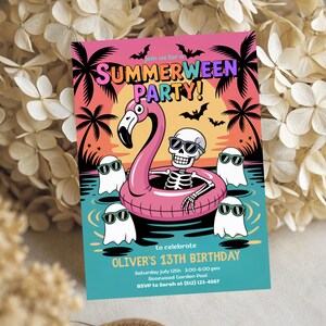 May include: A colorful invitation for a Summerween party, featuring a skeleton in a flamingo floatie, ghosts, palm trees, and bats. The text reads "SUMMERWEEN PARTY!" and details for Oliver's 13th birthday.