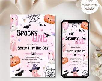 Spooky One Birthday Invitation, Halloween 1st Birthday Invitation, Girl Cute Pink Ghost Birthday Party Invite, Spooktacular Evite
