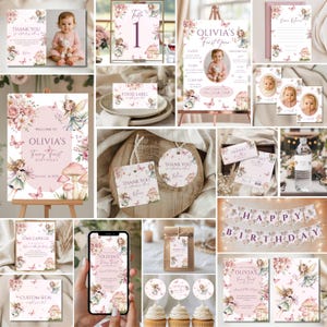 May include: A collection of party supplies with a fairy theme, including invitations, thank you cards, and cupcake toppers. The designs feature illustrations of fairies, mushrooms, and butterflies in soft pink and floral accents. The text includes "Olivia's Fairy First Birthday".