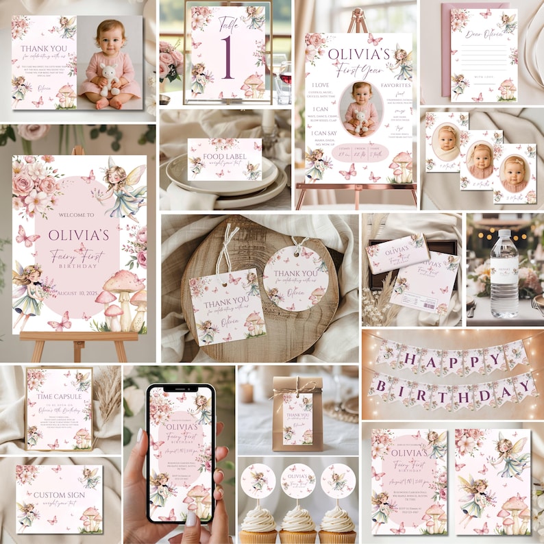 May include: A collection of party supplies with a fairy theme, including invitations, thank you cards, and cupcake toppers. The designs feature illustrations of fairies, mushrooms, and butterflies in soft pink and floral accents. The text includes "Olivia's Fairy First Birthday".