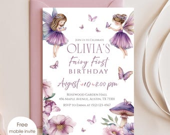 Fairy 1st Birthday Invitation, My Fairy First Digital Invitation, Fairy Garden Invite, 1st Birthday Party Invite, Enchanted Forest Girl