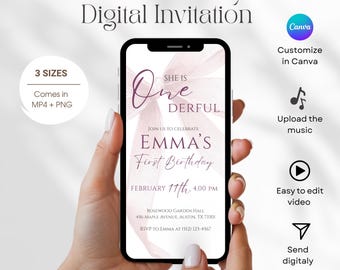 Animated Pink Bow First Birthday Invitation, She is Onederful Girl 1st Birthday Video Invite Editable Template, Elegant Coquette Bow Evite