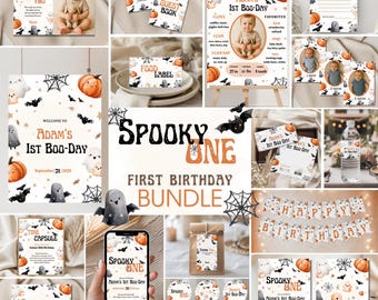 Spooky One Birthday Bundle, Editable Halloween 1st Birthday Invitation Set, Spooktacular Cute Ghost Birthday Party Decor Pack