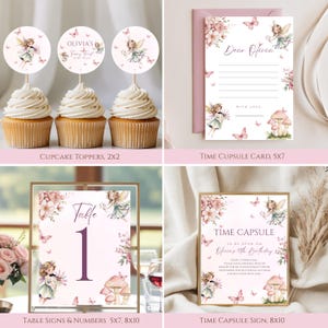 May include: A collection of party supplies with a fairy theme. Includes cupcake toppers, a time capsule card, table signs, and a time capsule sign. The designs feature fairies, butterflies, and floral elements in soft pink and gold tones. The text includes "Olivia's Fairy First Birthday" and "Time Capsule".