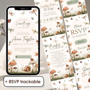 May include: A baby shower invitation on a smartphone screen, featuring the text "Our Little Lovebug is on the Way." The design includes illustrations of mushrooms, snails, butterflies, and dragonflies. Additional cards with matching designs are also visible.