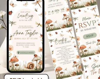May include: A baby shower invitation on a smartphone screen, featuring the text "Our Little Lovebug is on the Way." The design includes illustrations of mushrooms, snails, butterflies, and dragonflies. Additional cards with matching designs are also visible.