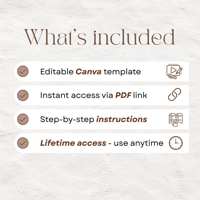 Może przedstawiać: Grafika z tekstem "What's included" i punktami, kt&oacute;re szczeg&oacute;łowo opisują edytowalny szablon Canva, natychmiastowy dostęp przez link PDF, instrukcje krok po kroku i dożywotni dostęp.