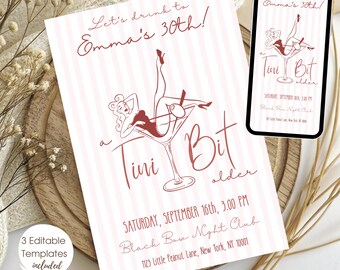 A Tini Bit Older Birthday Invitation, 30th Birthday Invite, Martini Themed Party Invite,  Dirty Thirty Cocktails, Coquette Pink Red Martini