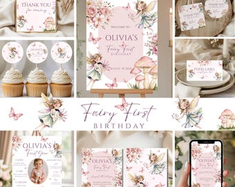 Editable Fairy First Birthday Bundle, 1st Birthday Party Decorations Set, Boho Arch Fairy Garden Package, Enchanted Forest Girl Bundle, KB1