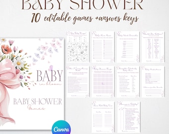 Baby Shower Games Bundle, Editable Girl Baby Shower Games, Pink Bow Baby in Bloom Games, Spring Flowers Boho Floral Baby Shower Bundle