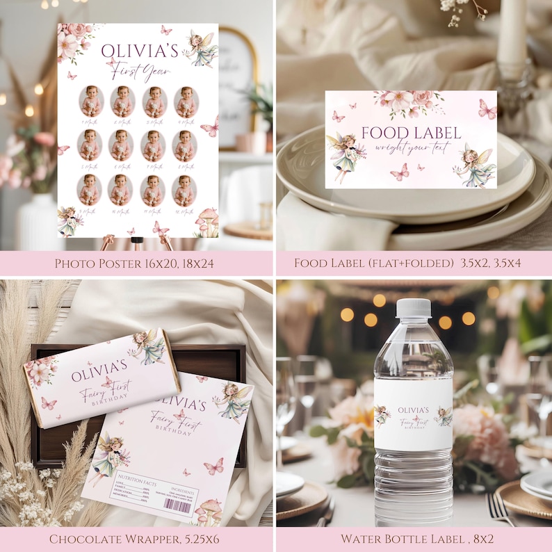 May include: A collection of party supplies with a fairy theme. Includes a photo poster, food labels, chocolate wrappers, and water bottle labels. The designs feature floral accents, butterflies, and the text "Olivia's First Year".
