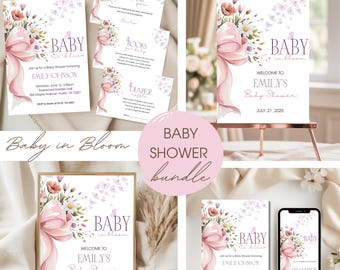 Baby in Bloom Bundle Editable Girl Baby Shower Pink Bow Spring Wildflower Baby Shower Decoration Set Coquette Baby Shower Editable Template
