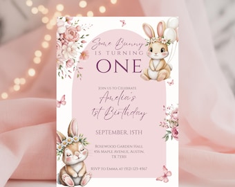 Some Bunny is One First Birthday Invite, Editable Pink Bunny is One Birthday Invitation Printable Boho Bunny 1st Birthday Canva Template KB3