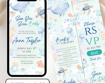 Zaproszenie na baby shower „Sea You Soon”, cyfrowe zaproszenie na imprezę „Pod morzem”, zaproszenie o tematyce oceanicznej – edytowalna strona internetowa Canva + moduł śledzenia RSVP BS6