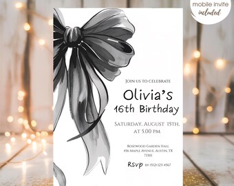 Black Bow 16th 21th 30th 40th Birthday Invitation Editable Minimalist Black Bow Birthday Invite Black Ribbon Coquette Digital Canva Template