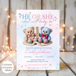Faire-part de révélation de sexe modifiable, shower de bébé ours en peluche rose ou bleu, modèle imprimable de révélation de bébé à téléchargement immédiat