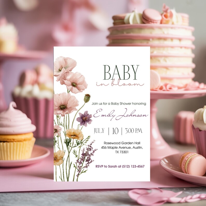 May include: A baby shower invitation with the text "BABY in bloom" and floral illustrations. The invitation includes details for Emily Johnson's baby shower, including the date, time, and location. The color scheme is soft pink and green.
